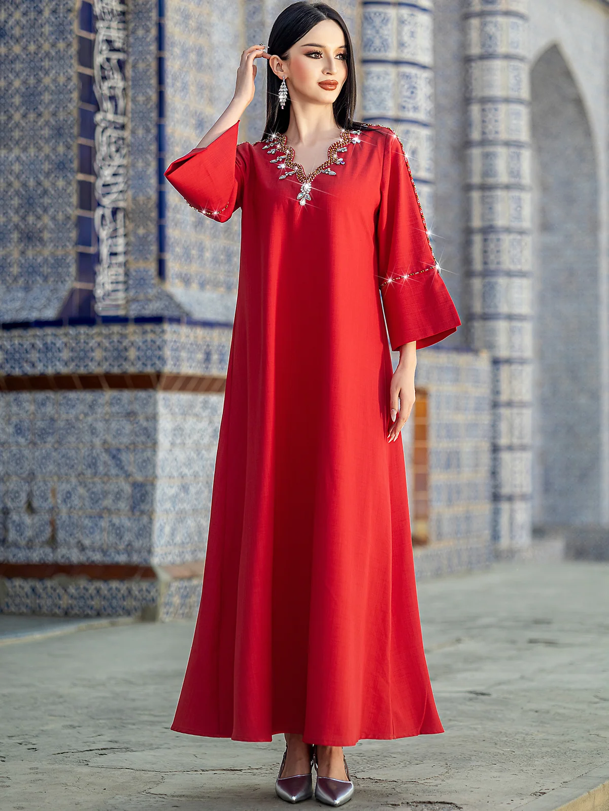 Scarlet Beaded V-Neck Bell-Sleeve Gown
