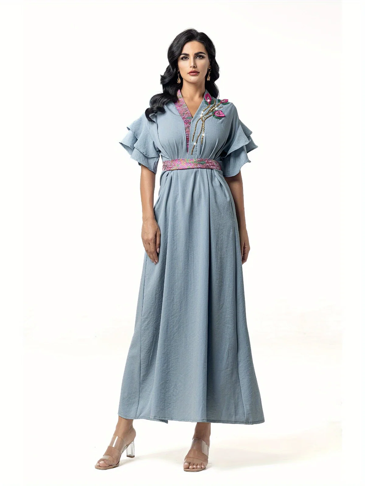 Floral-Beaded Ruffle-Sleeve Maxi Dress