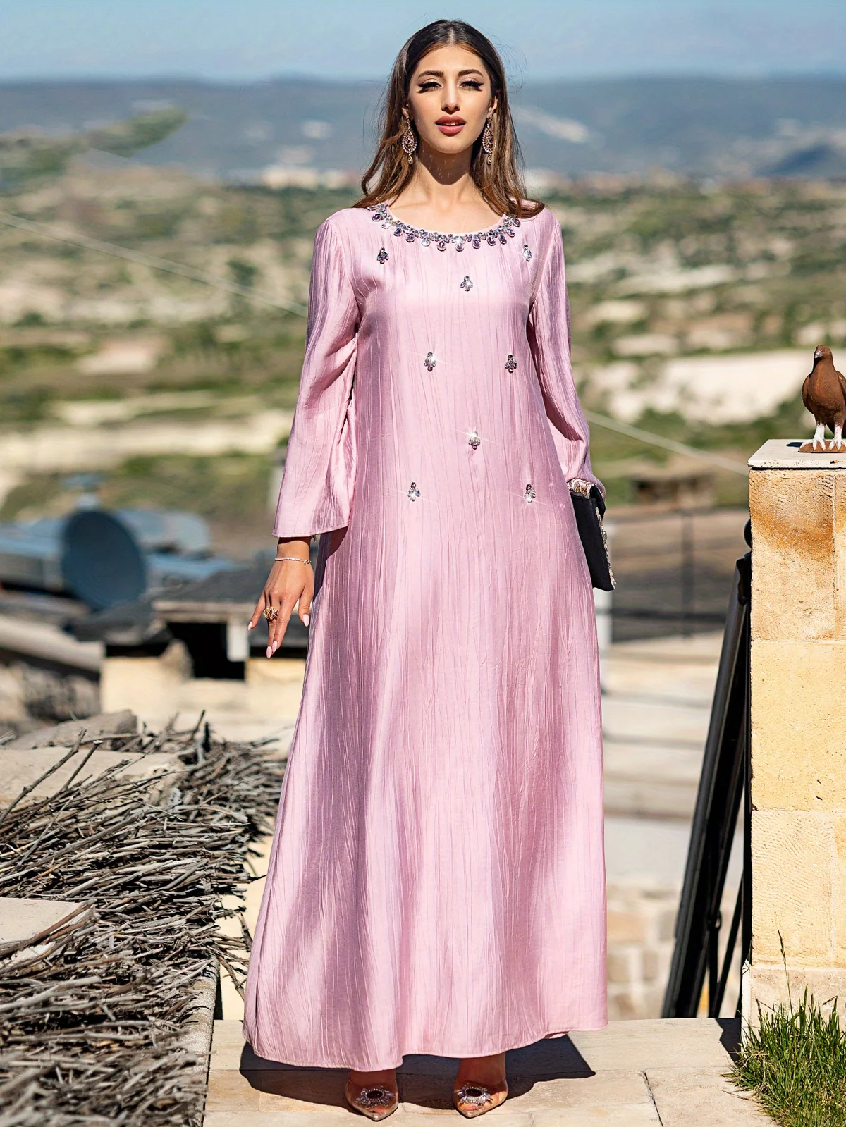 Pink Beaded-Neckline Embroidered Dress