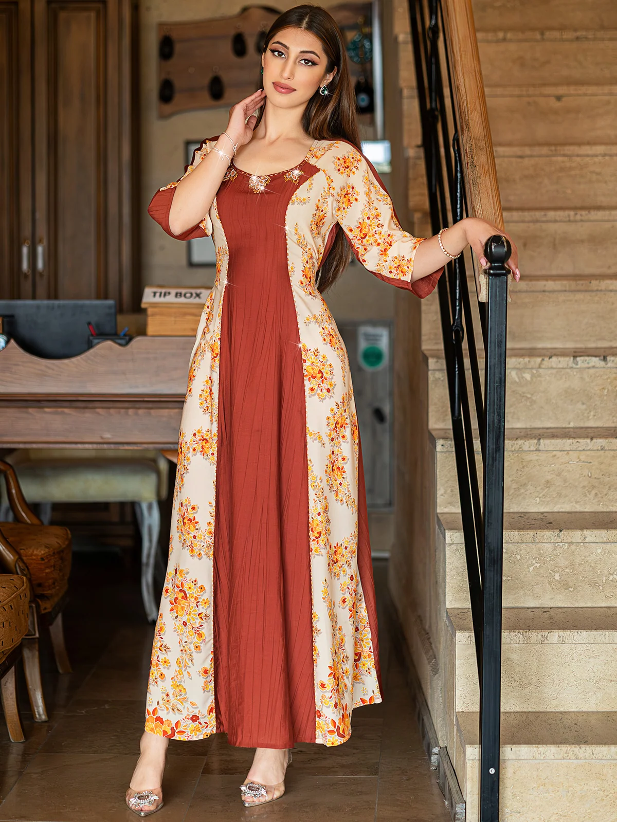 Color-Block Floral-Beaded Tie-Waist Dress