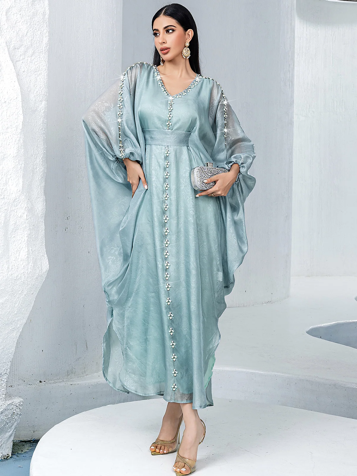 Light Blue Beaded Loose-Sleeve Belted Dress