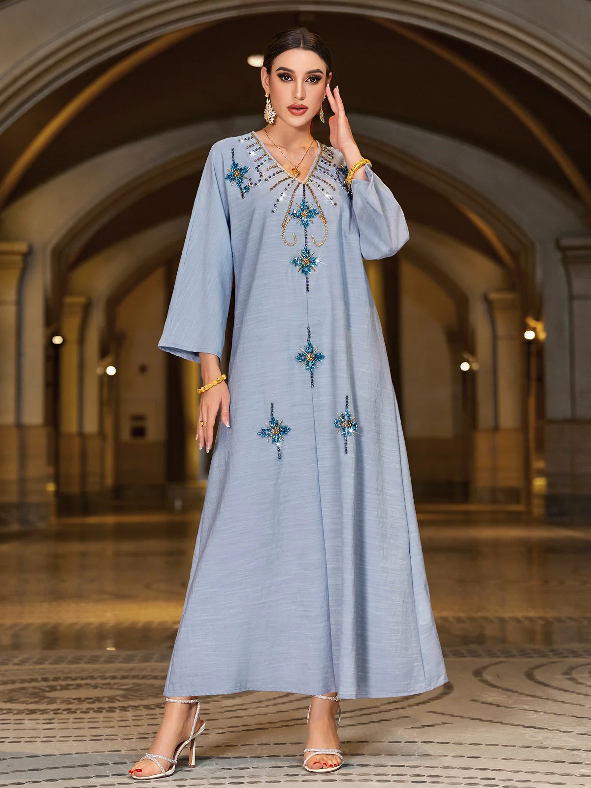 Light Blue Embellished Bell-Sleeve Maxi Dress
