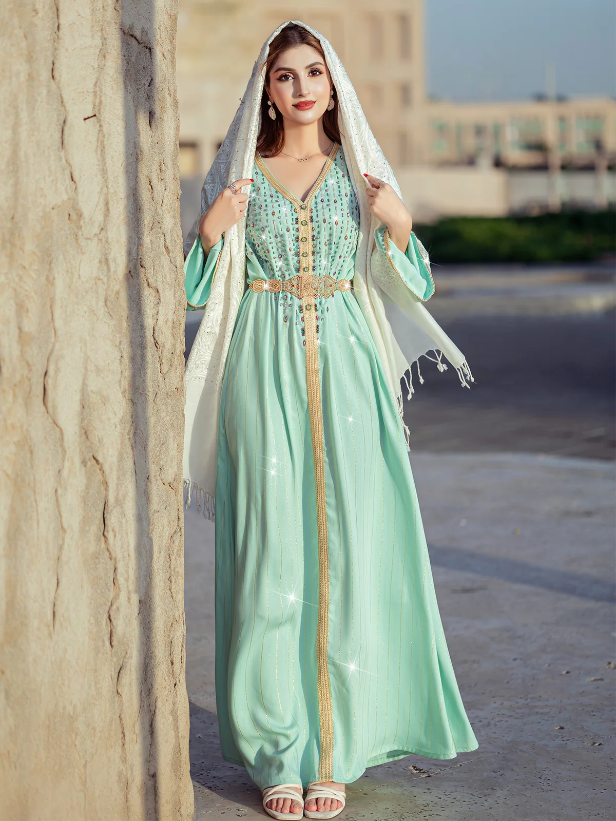 Light Green Beaded Belted Maxi Dress