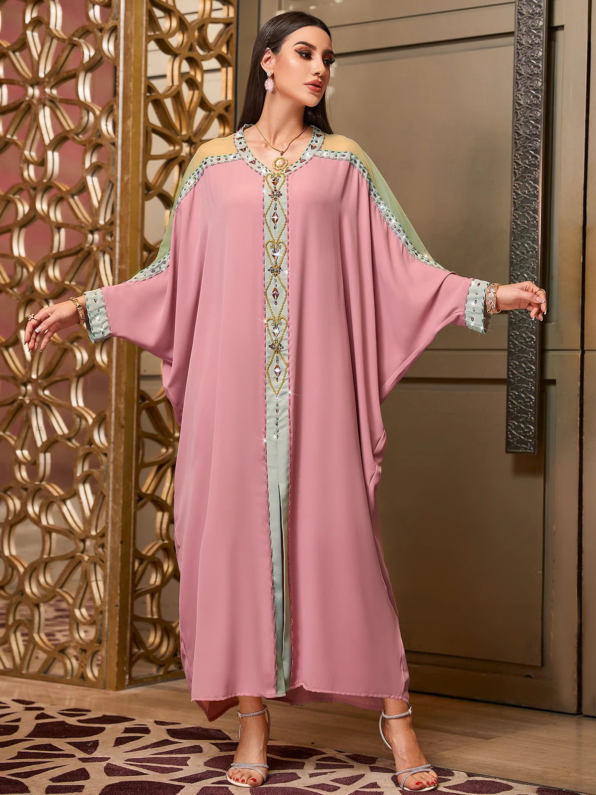 Pink Mesh-Shoulder Beaded Loose Dress