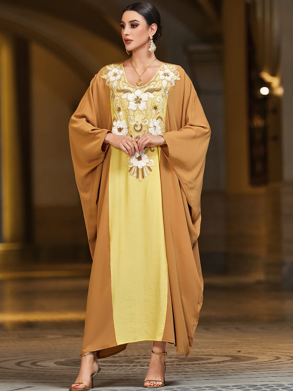 Brown and Yellow Floral-Embroidered Dress