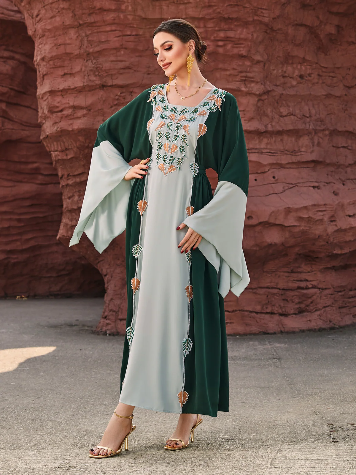 Green Leaf-Embroidered Belted Maxi Dress