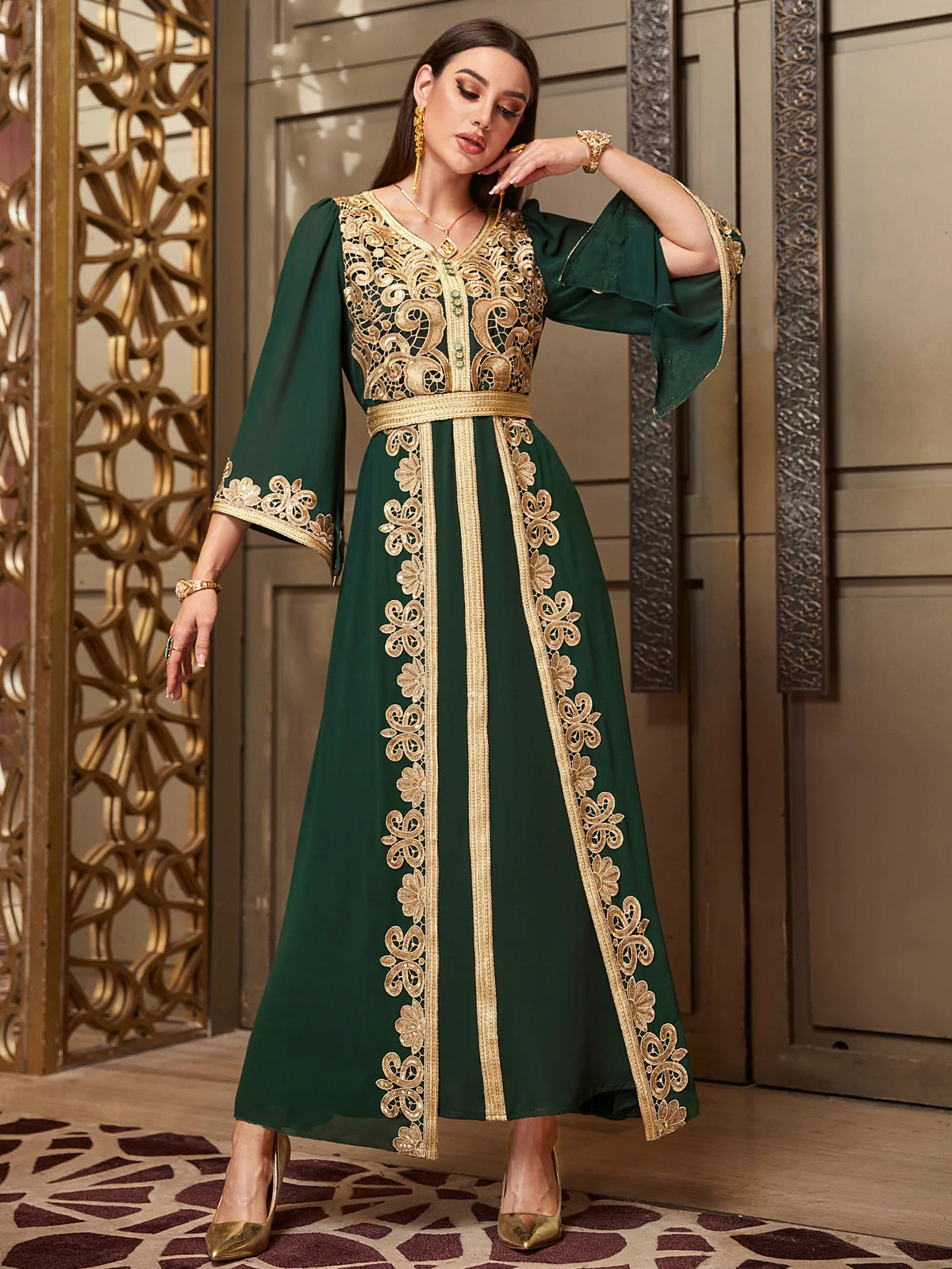 Dark Green Floral-Embroidered Bell-Sleeve Dress