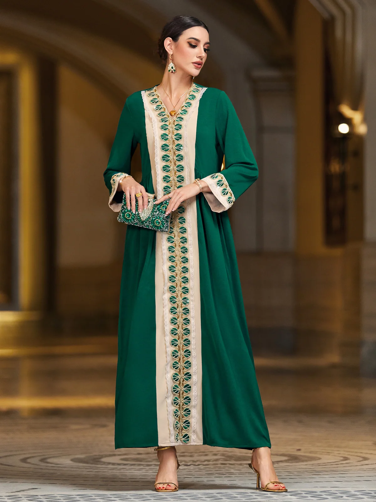 Green and Beige Floral-Embroidered Dress