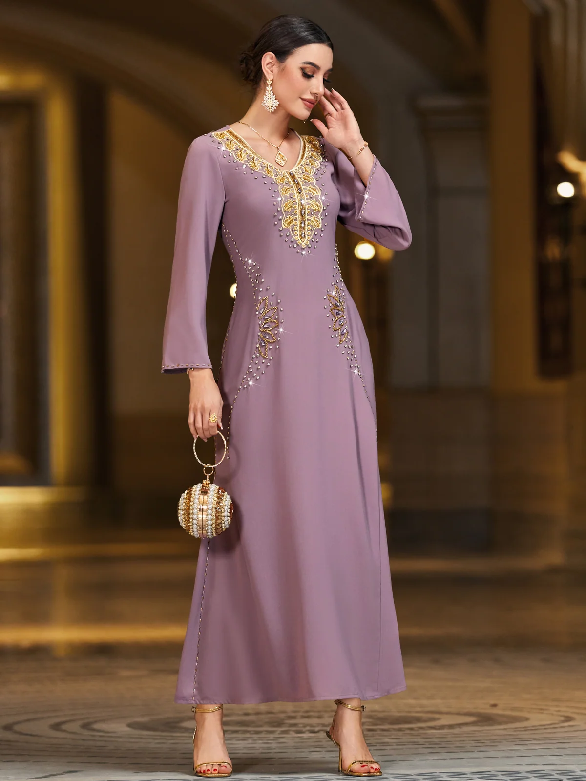 Purple Gold-Embroidered Sequin Maxi Dress