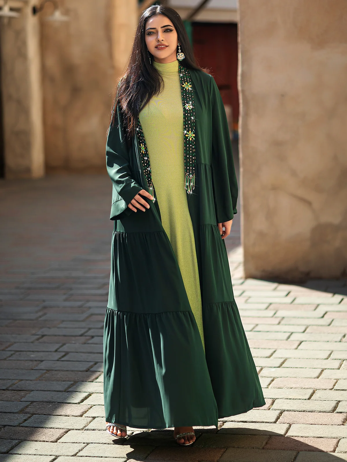 Dark Green Embellished Two-Piece Abaya Set