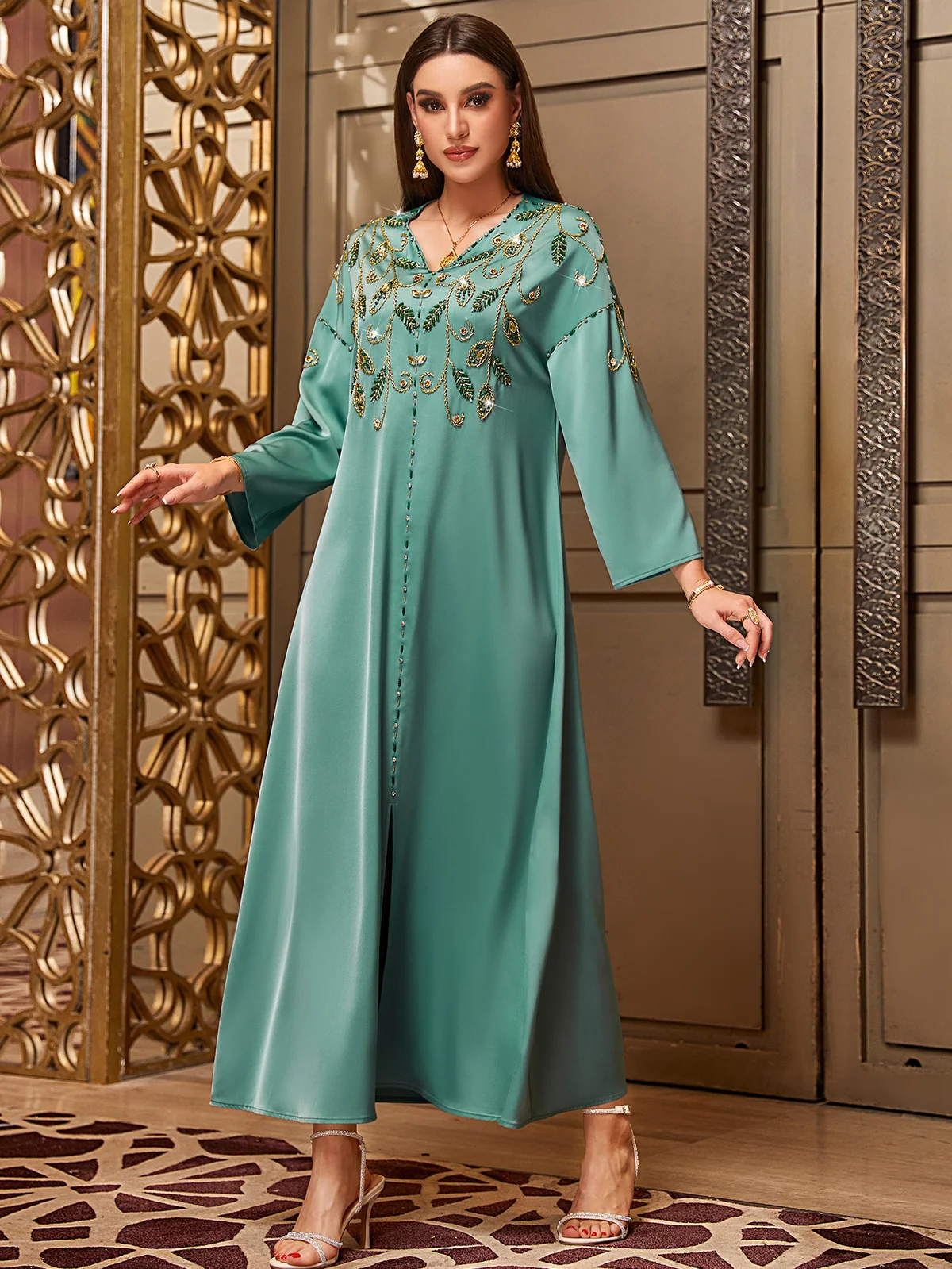 Turquoise Gold-Embroidered Sequin Dress