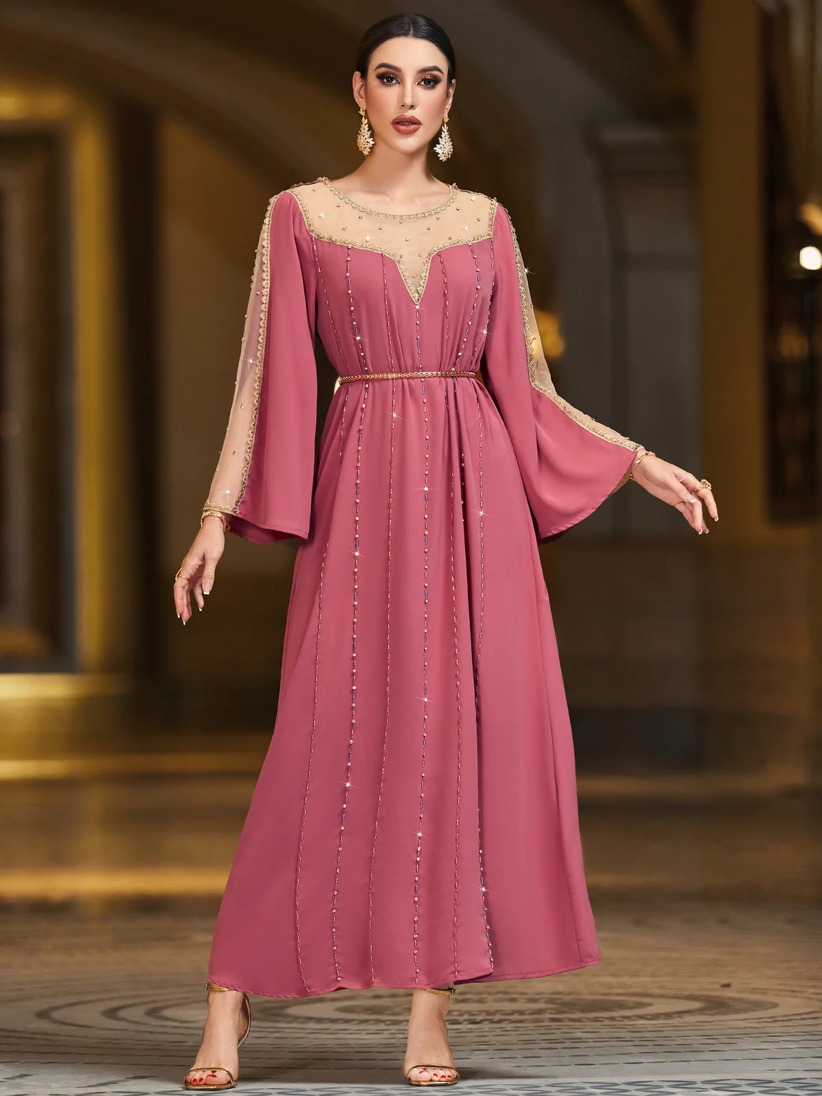 Pink Gold-Sequin Flared-Sleeve Maxi Dress