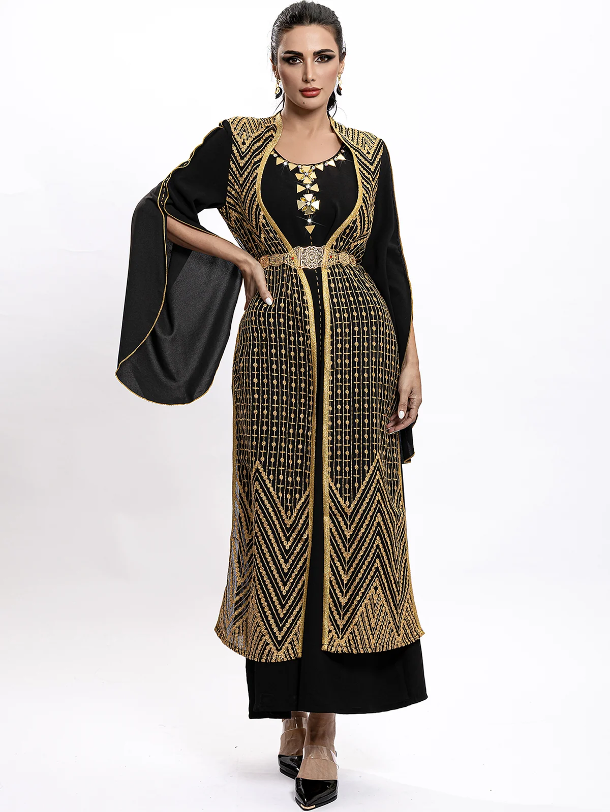 Black Gold-Embroidered Belted Maxi Dress