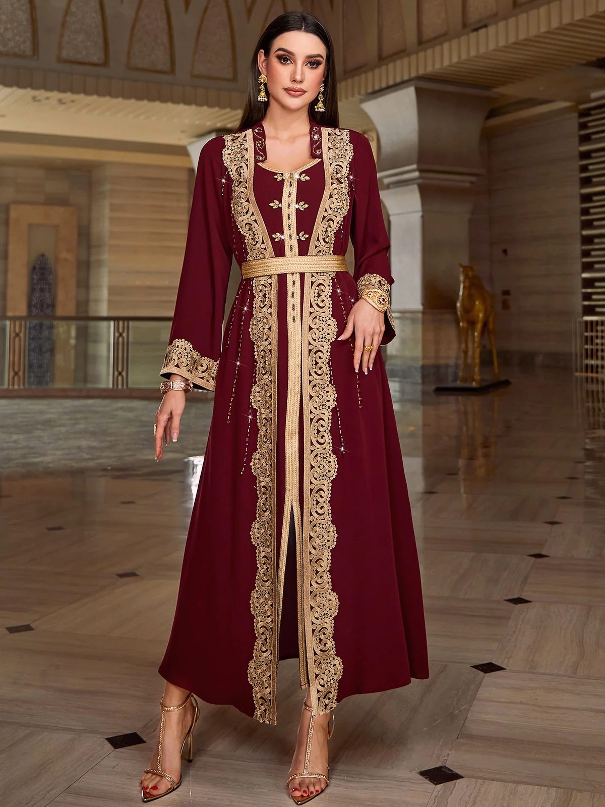 Burgundy Gold-Lace Belted Maxi Dress