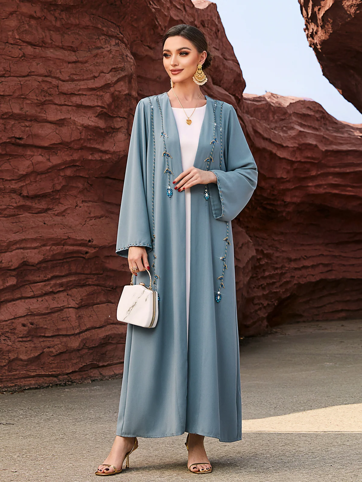 Light Blue Beaded Open Abaya