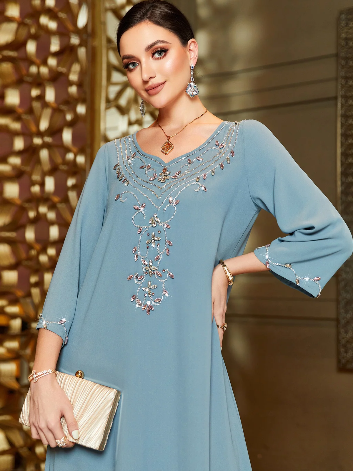 Light Blue Embroidered Rhinestone Loose Dress