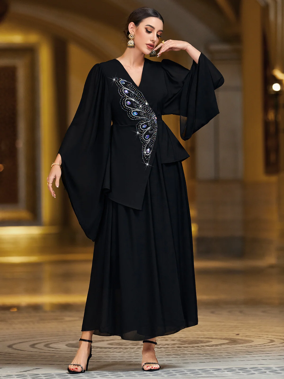 Black Butterfly Rhinestone Wrap Dress