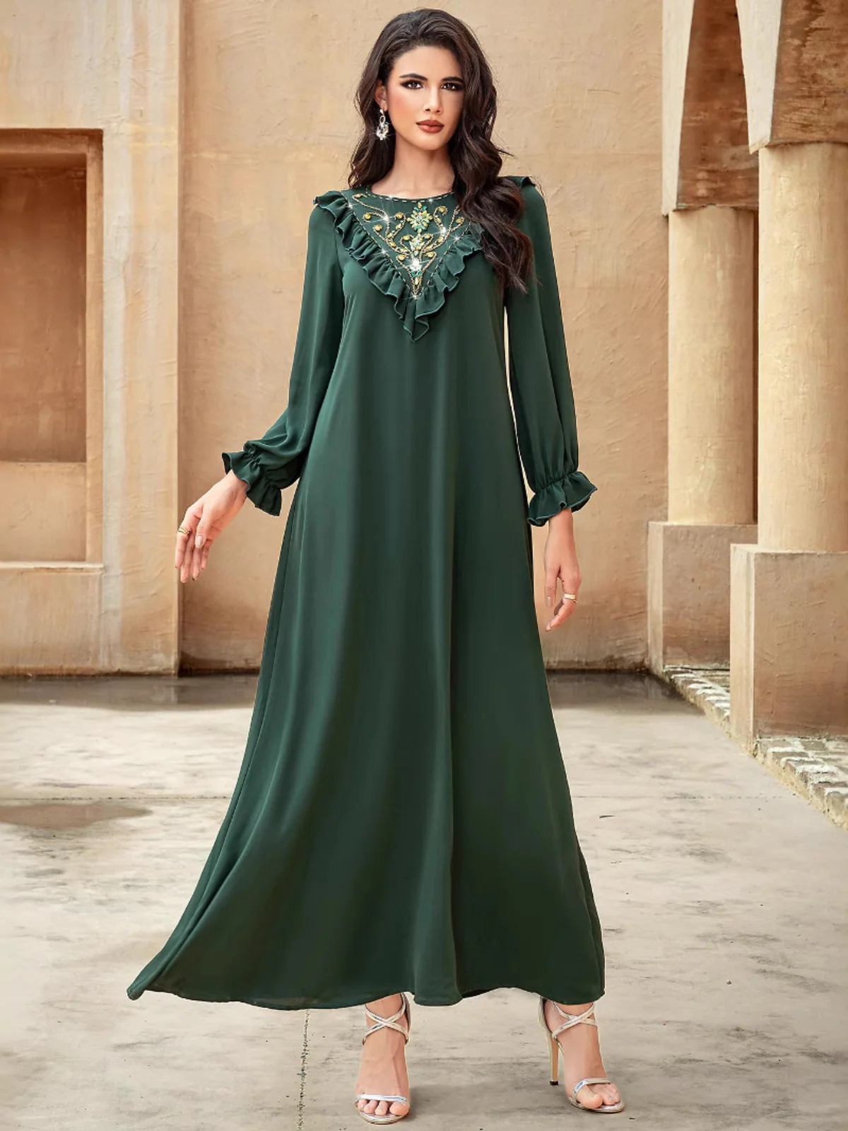 Dark Green Beaded Ruffle Round-Neck Dress