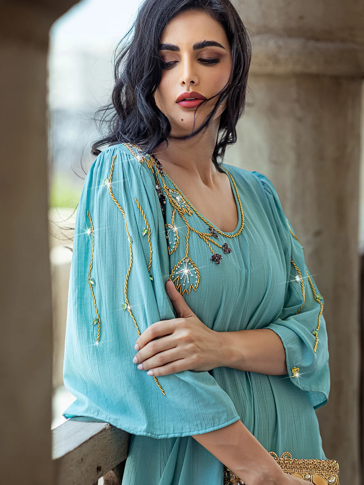 Sky Blue Flared 3/4-Sleeve Dress