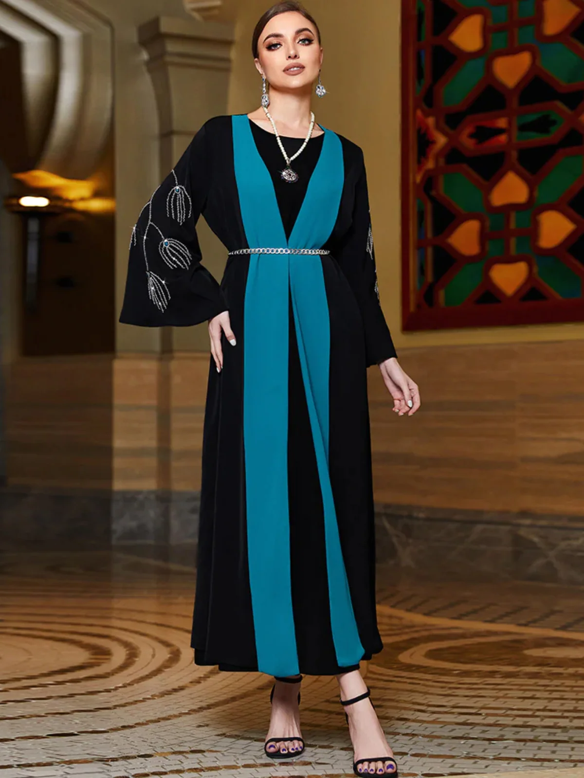 Black & Turquoise Color-Block Abaya