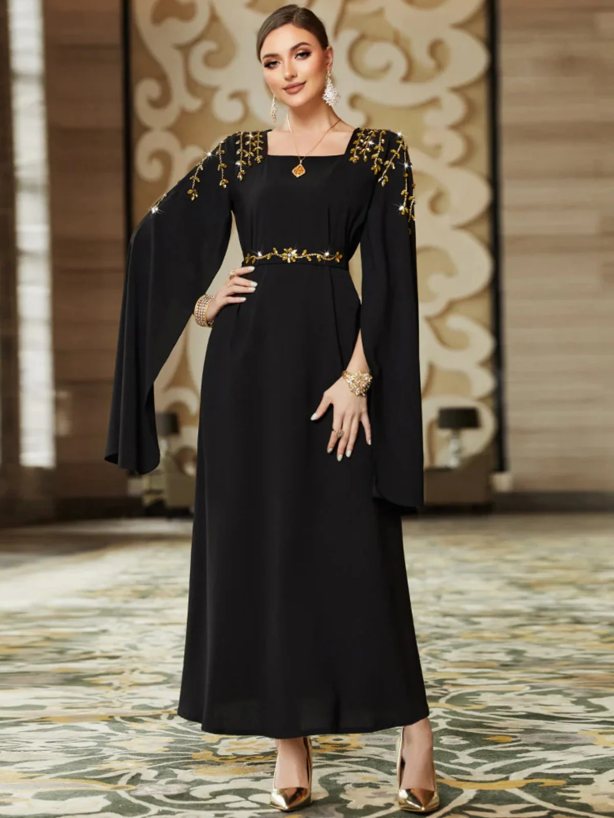 Embellished-Shoulder Maxi Dress