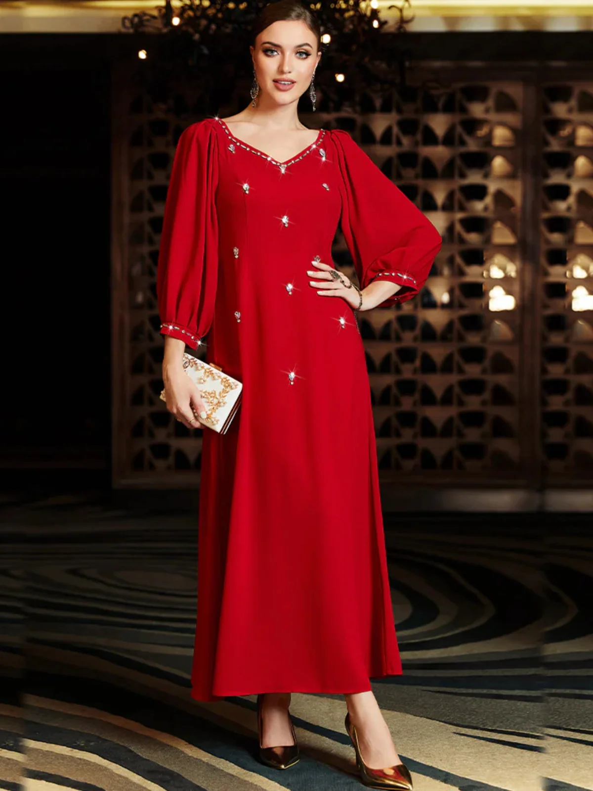 Red Rhinestone Lantern-Sleeve Dress