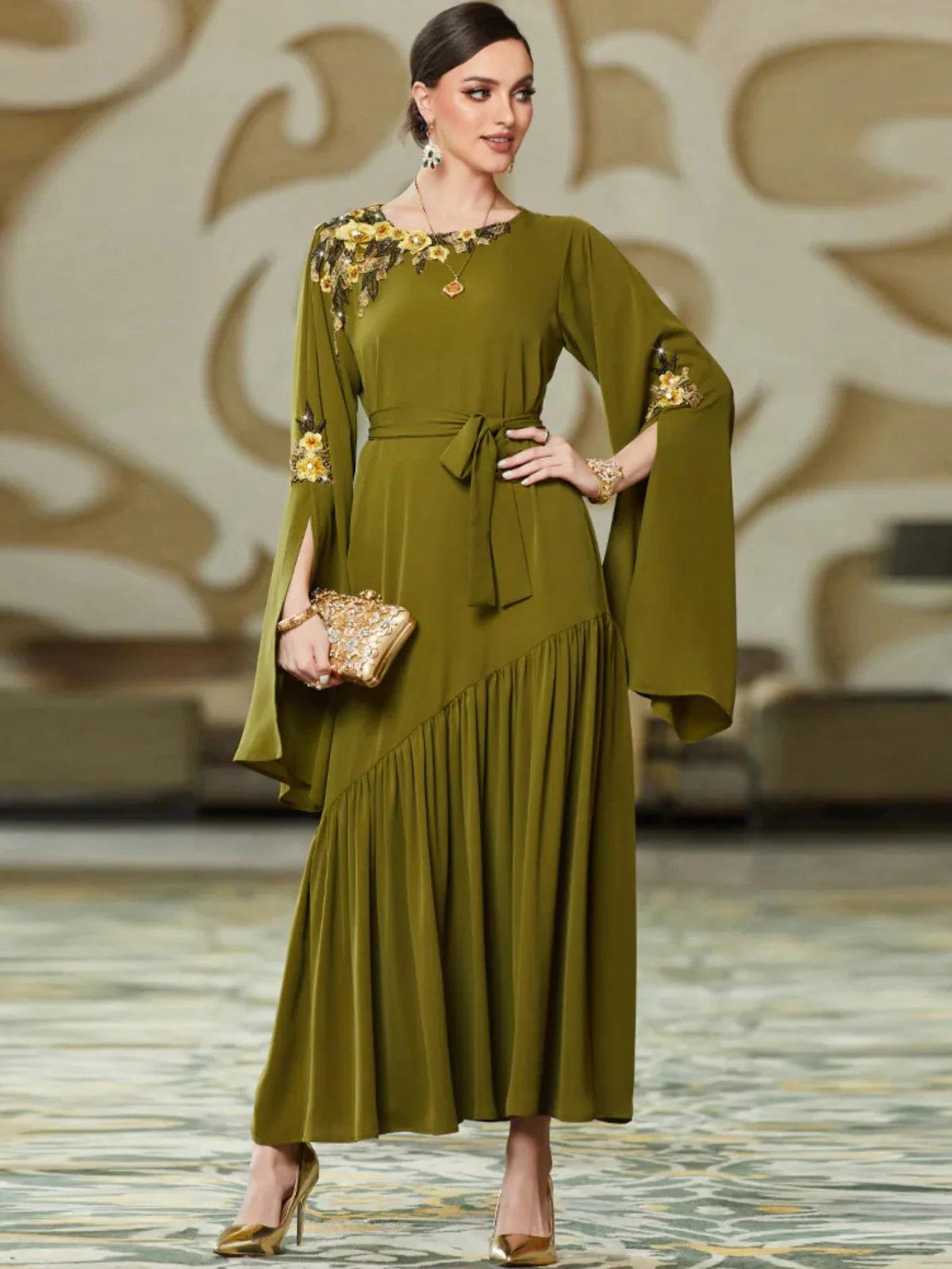 Army Green Embroidered Long-Sleeve Dress