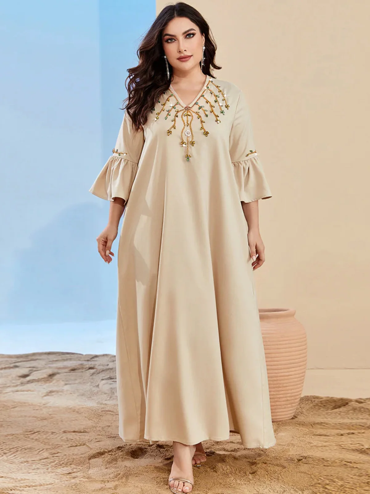 Beige Embellished V-Neck Flared-Sleeve Dress