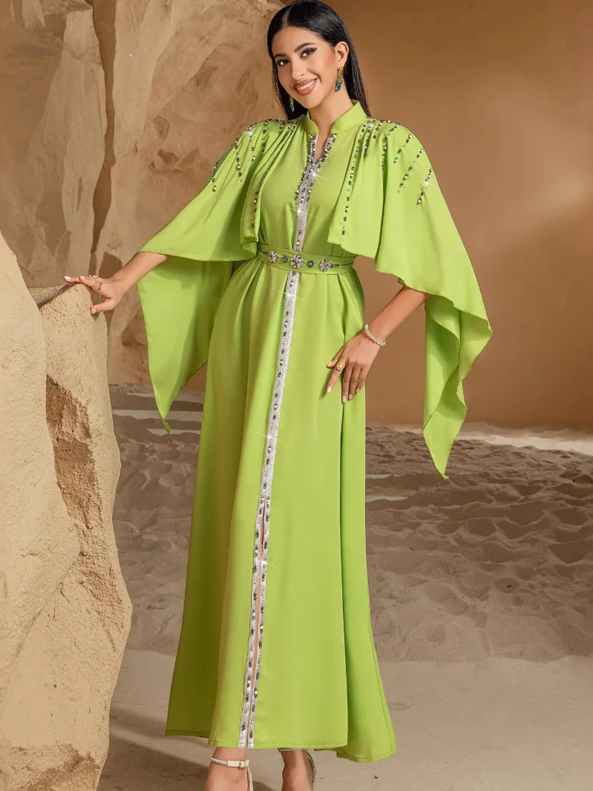 Green Rhinestone High-Neck Shawl Dress