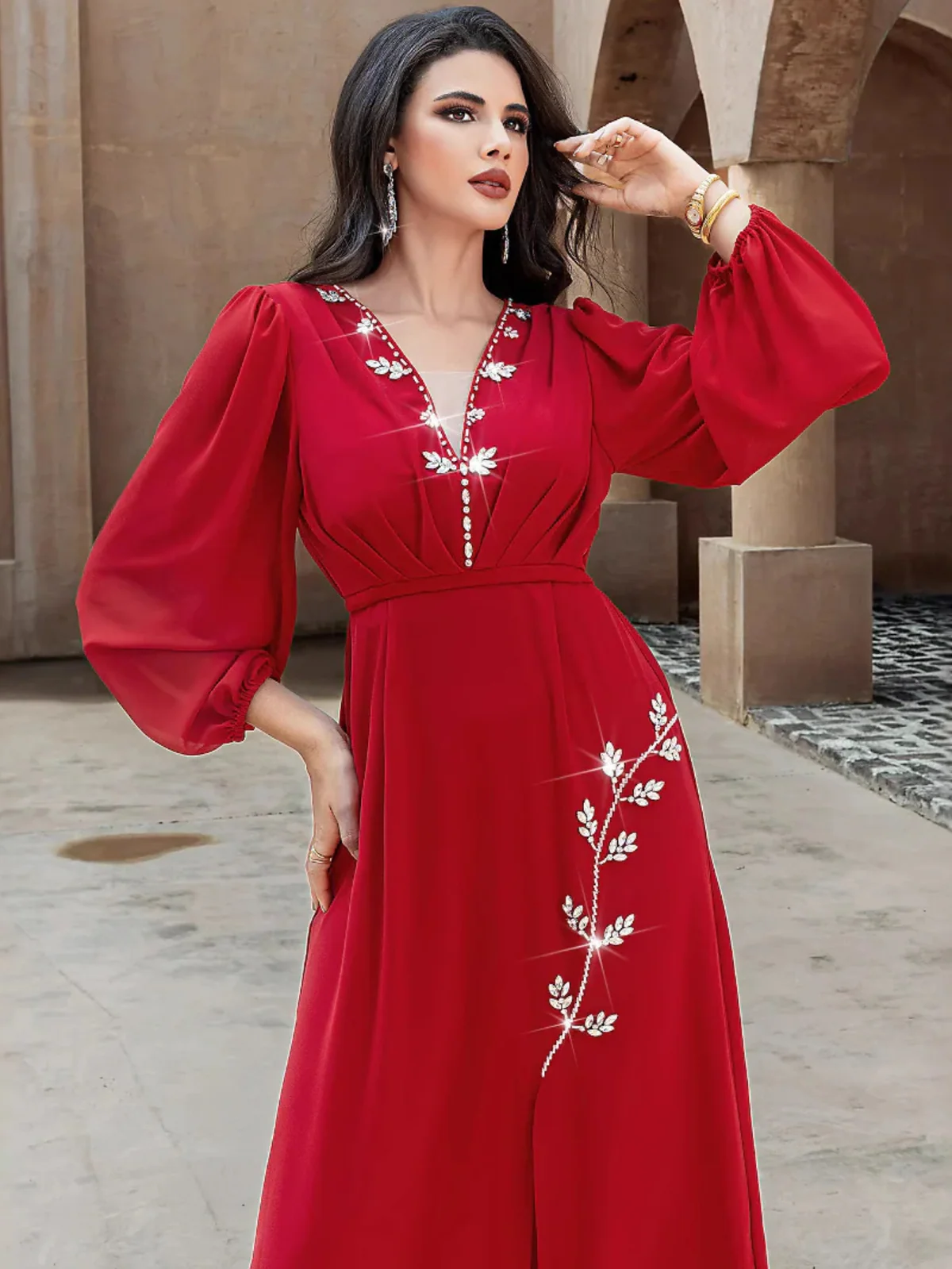 Red Rhinestone Deep-V Front-Slit Dress