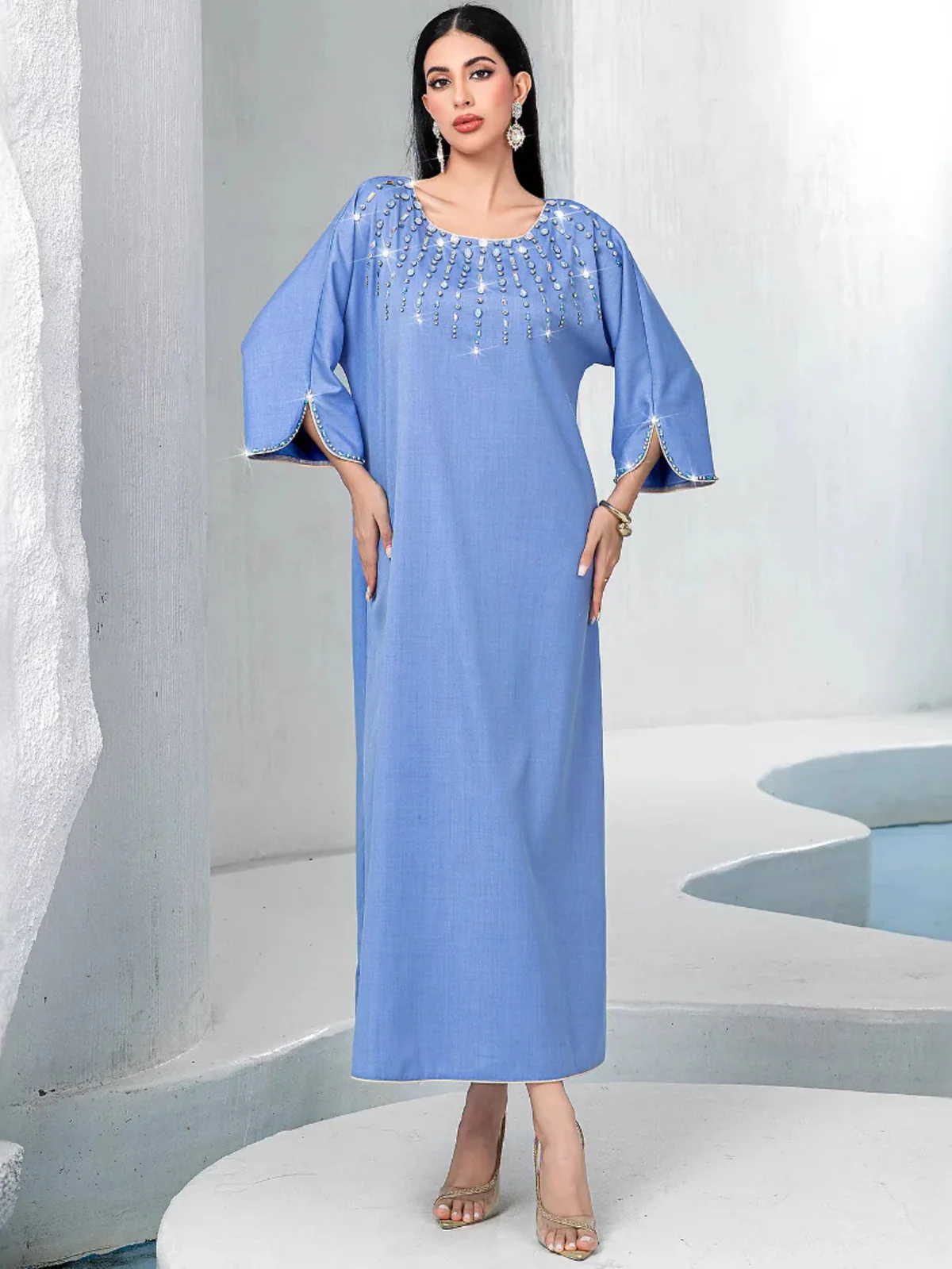 Dusty Blue Embellished Square-Neck Dress