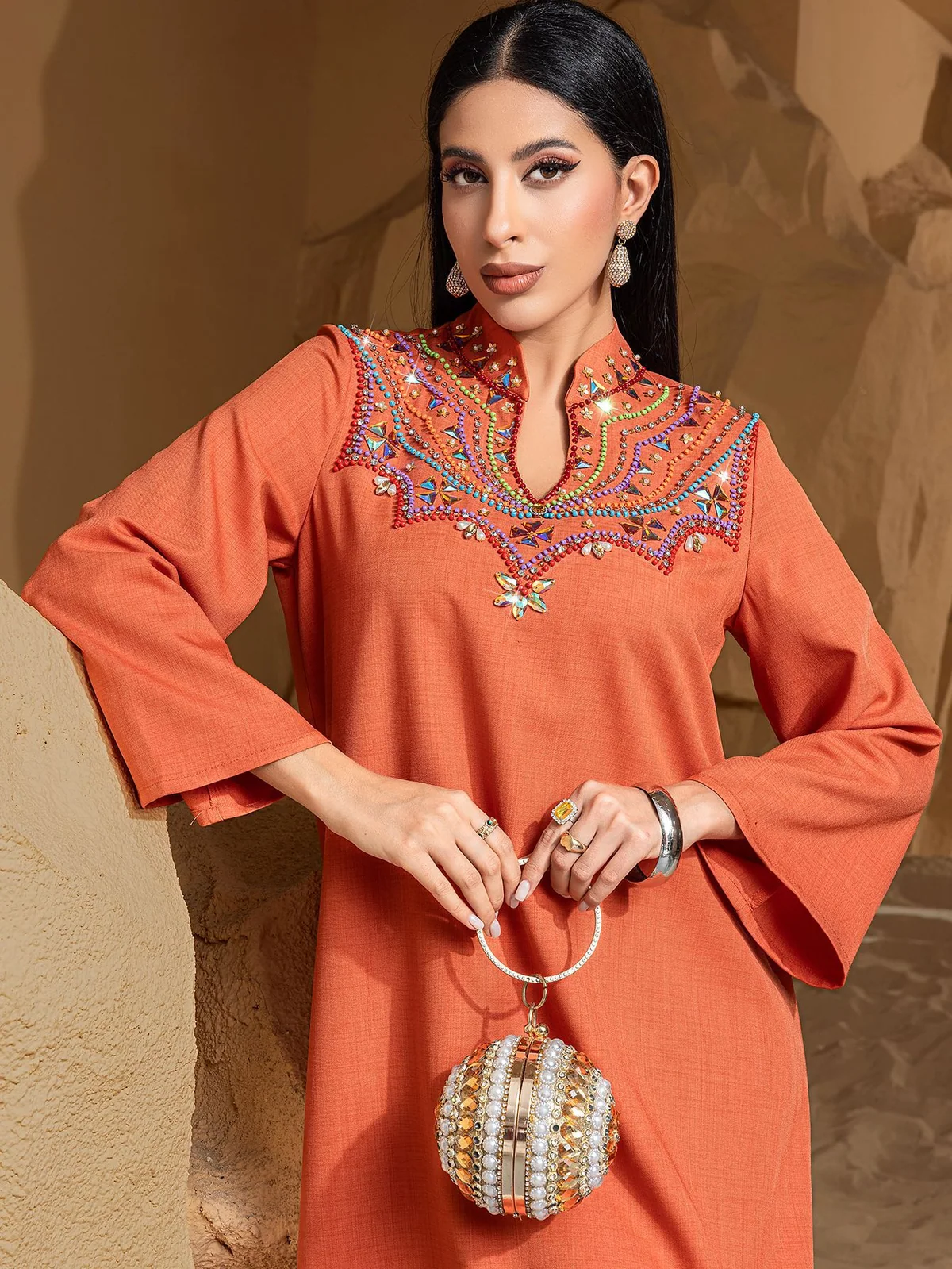 Burnt Orange Embellished-Neck Maxi Dress