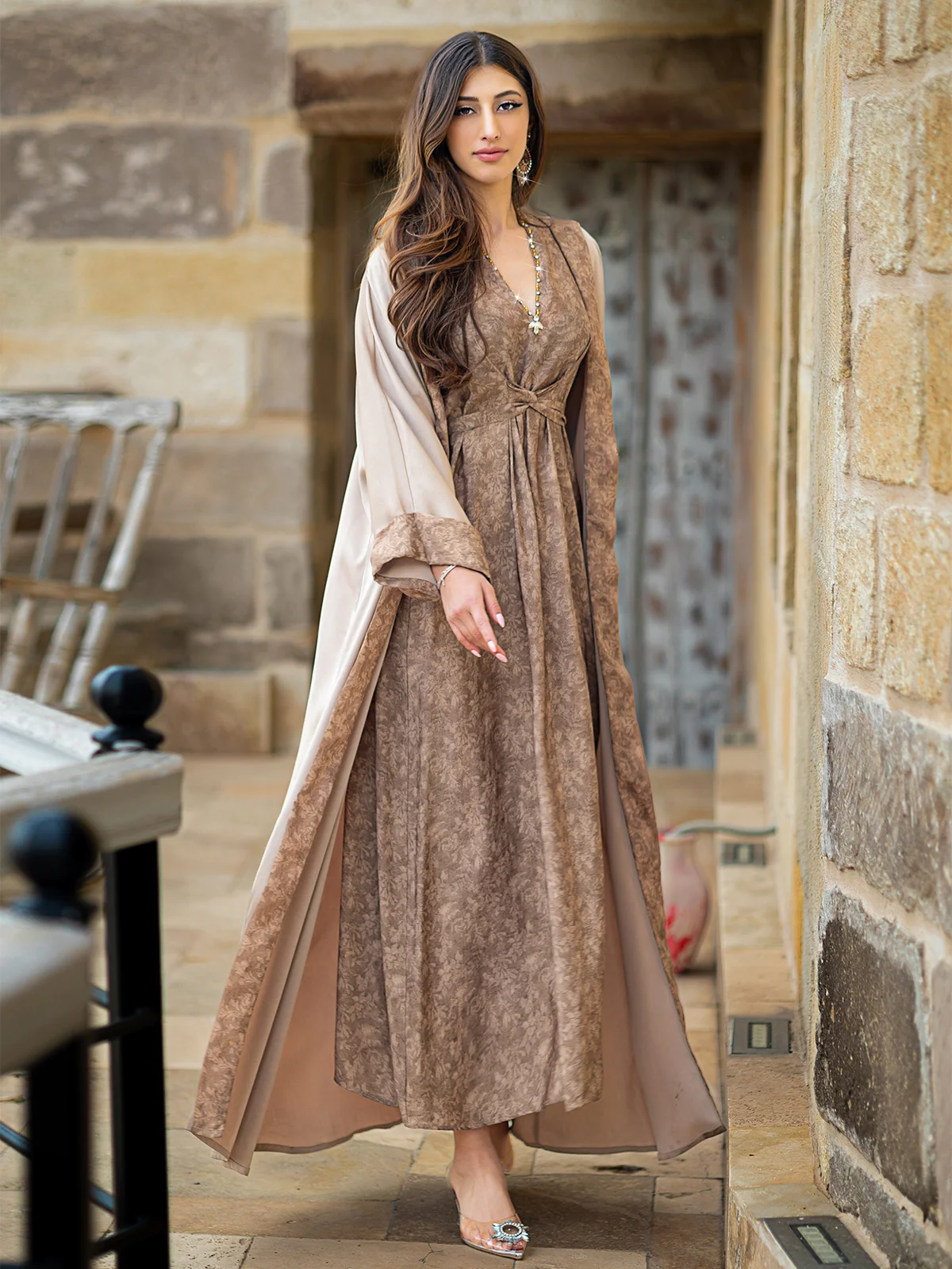 Printed Dress and Open Coat Two-Piece Set