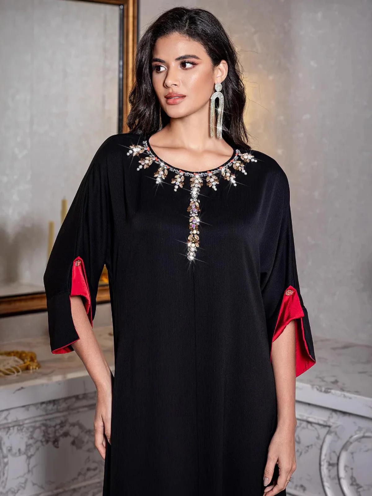 Black Rhinestone Contrast-Sleeve Dress