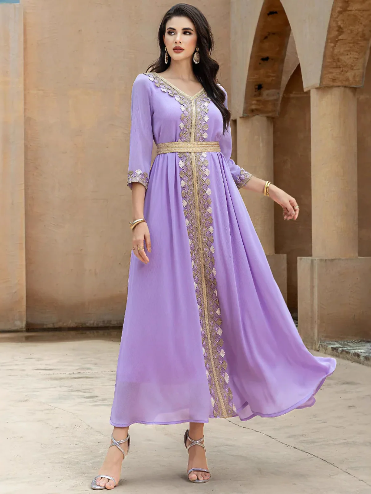 Violet Gold-Trim Flared Maxi Dress