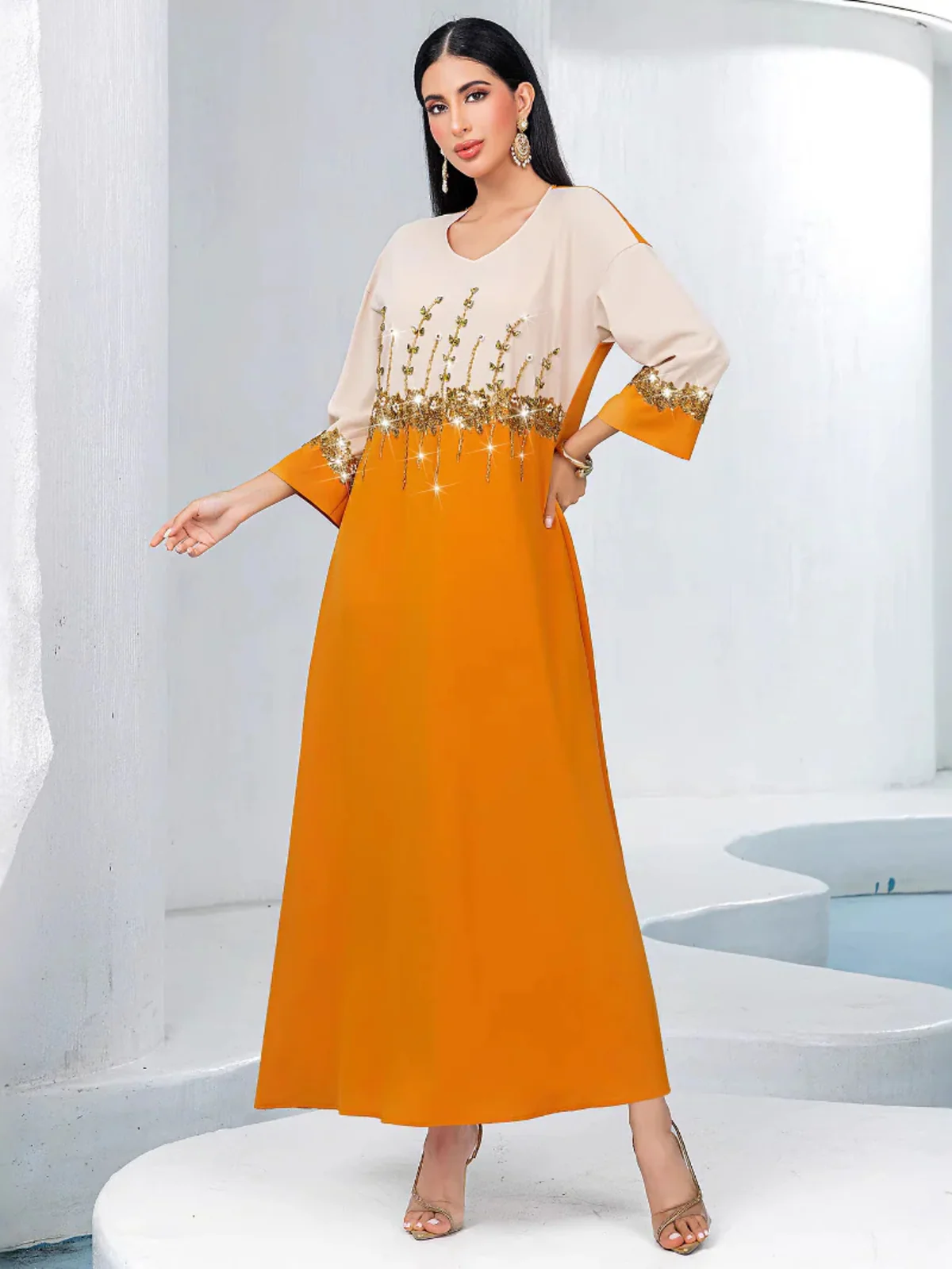 Orange and Beige Color-Block A-Line Dress
