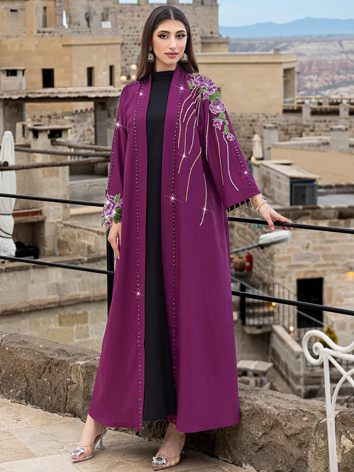 Fuchsia Embroidered Beaded Open Abaya