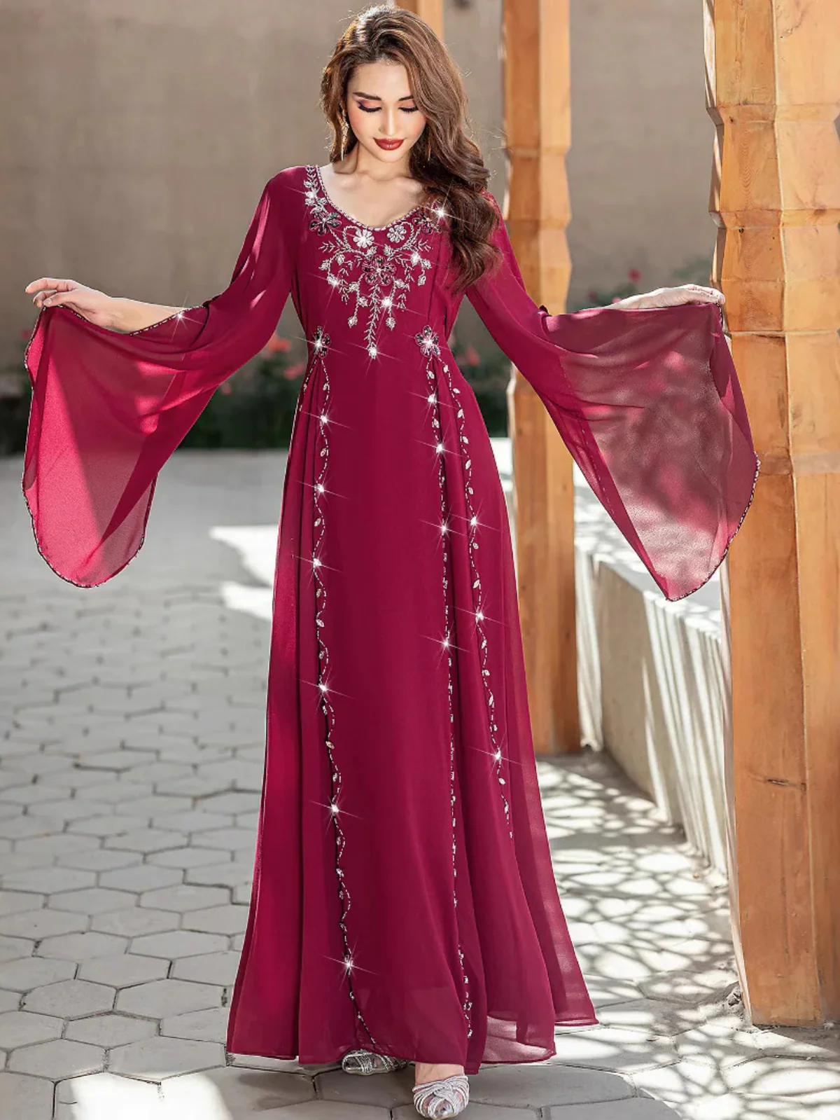 Beaded Flared-Sleeve Dress