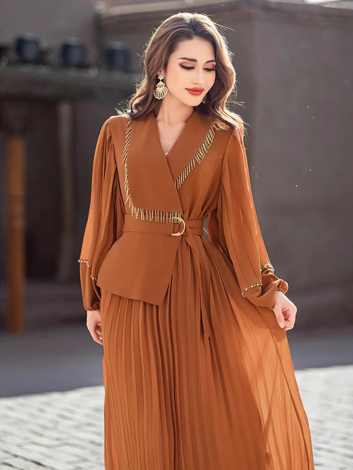 Orange Beaded V-Neck Pleated Maxi Dress
