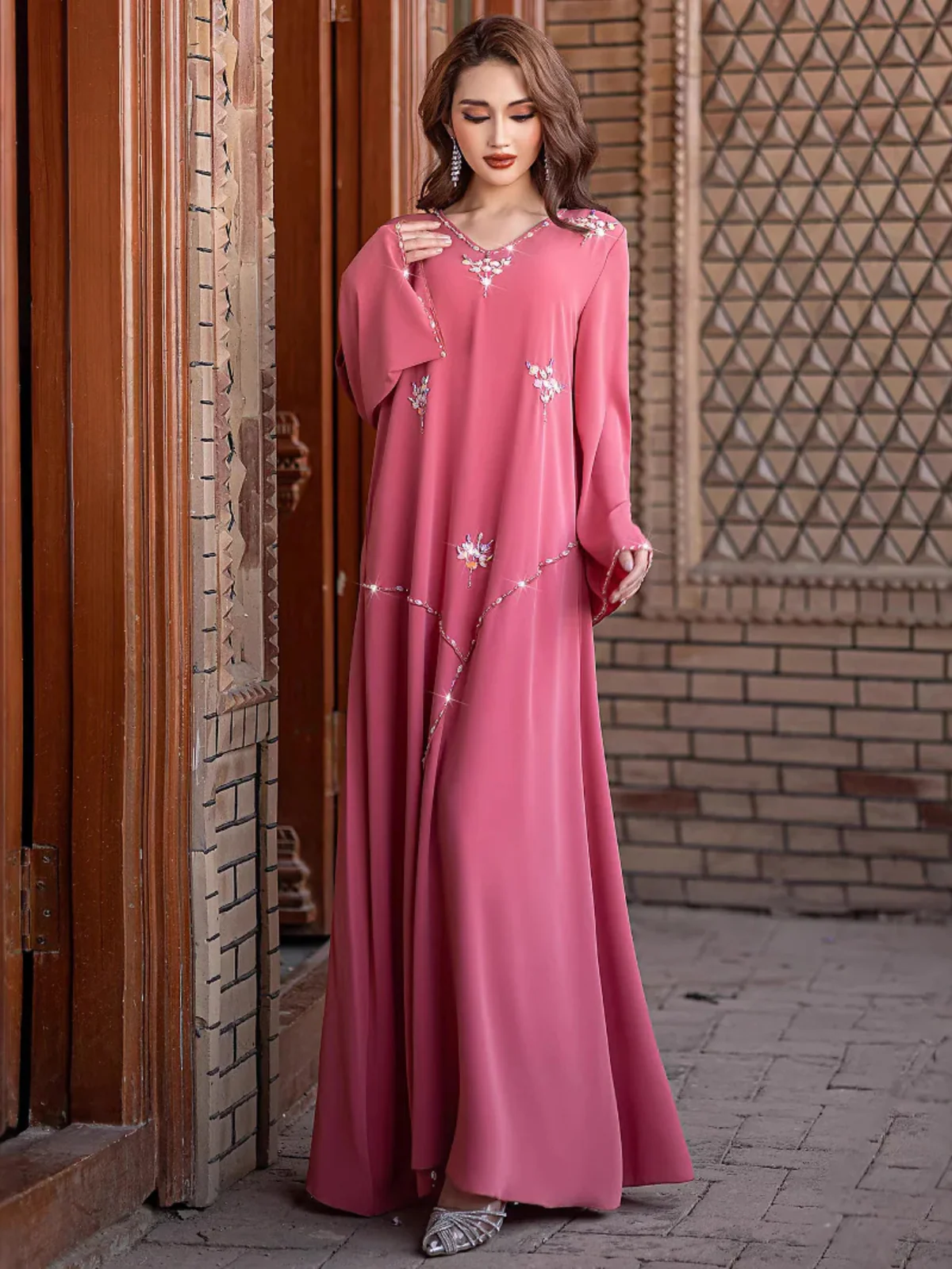 Peach Pink Rhinestone Maxi Dress