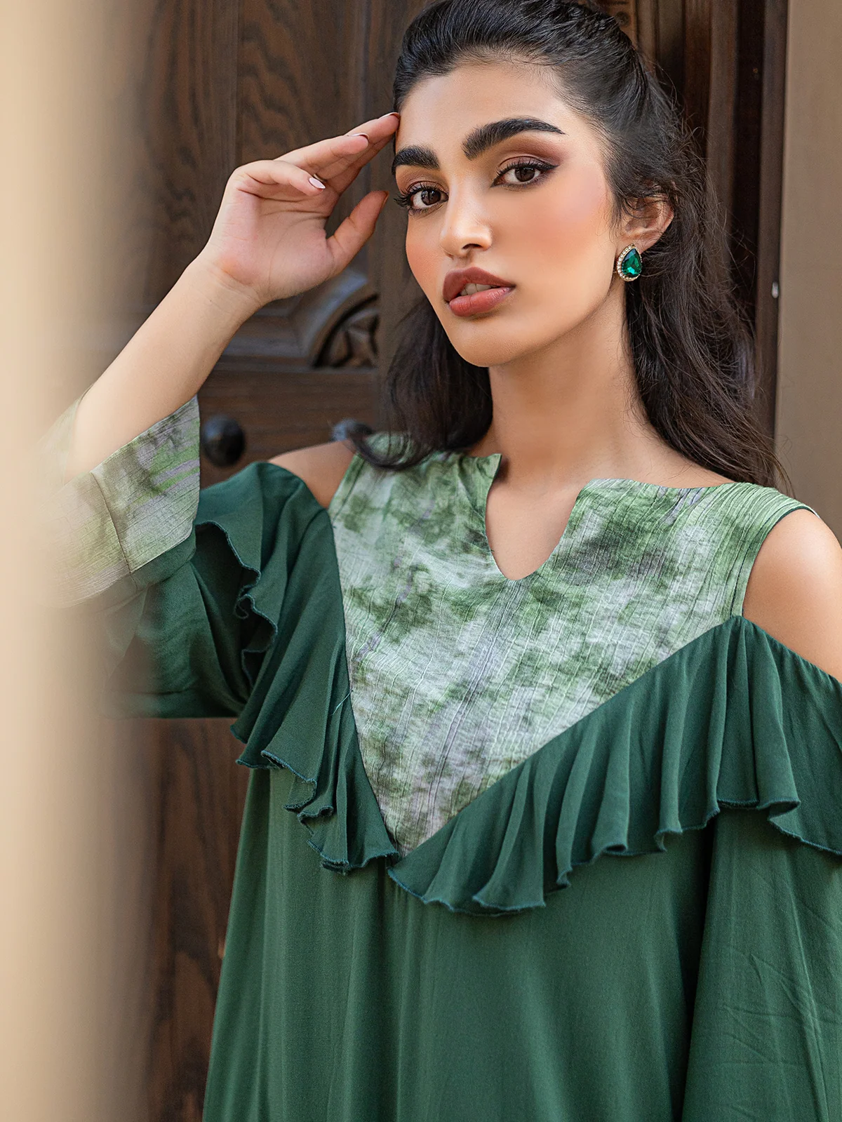 Dark Green Ruffle Off-Shoulder Maxi Dress