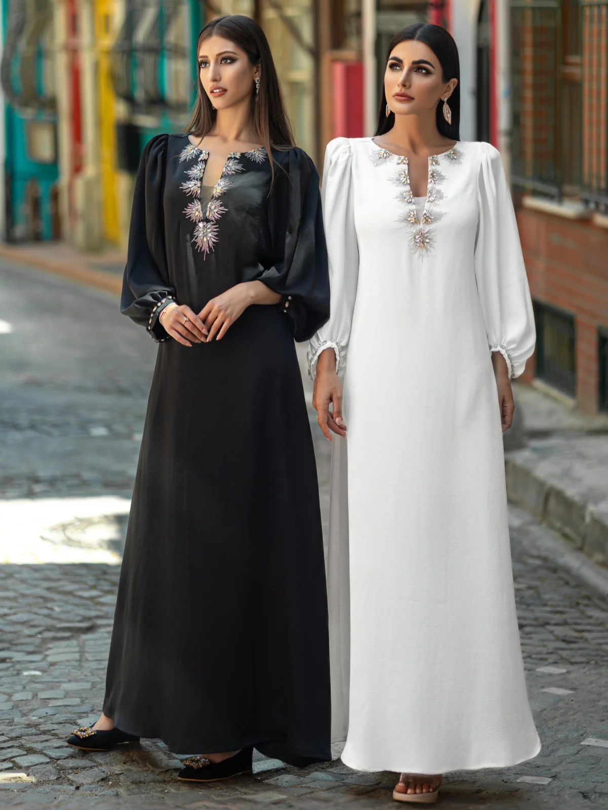 Rhinestone Long-Sleeve Evening Dress