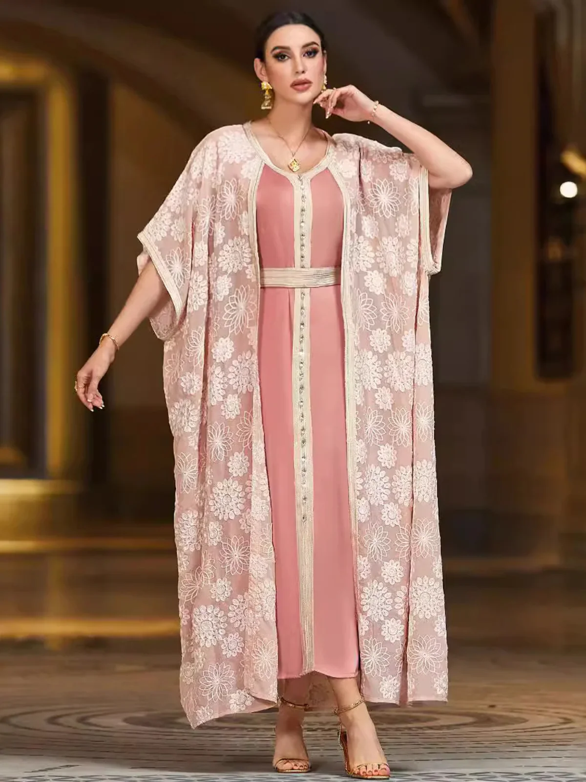Pink Embroidered Layered-Look Dress