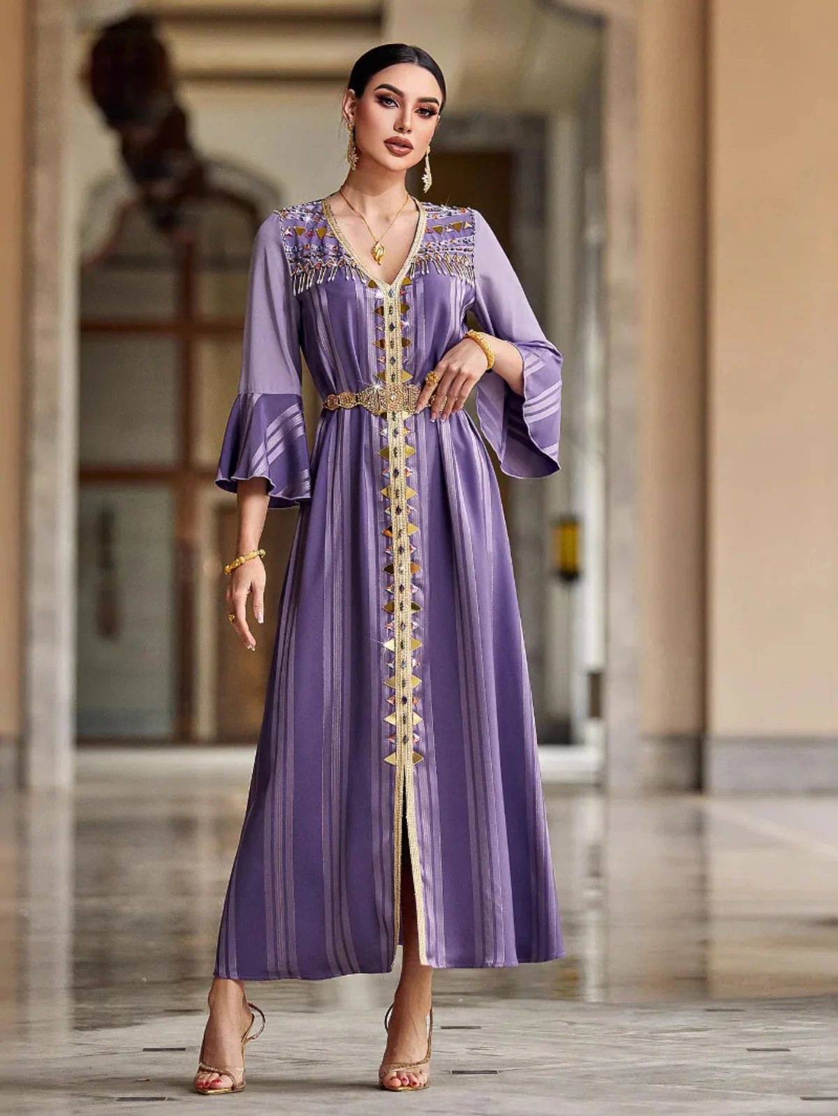 Purple Beaded V-Neck Long-Sleeve Dress