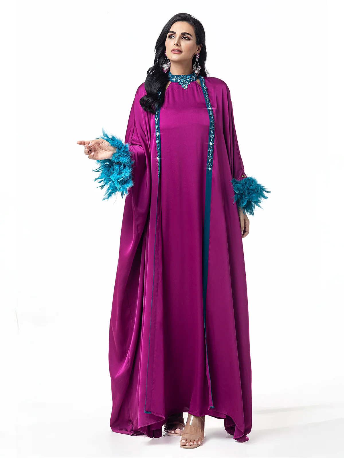 Embellished Dress and Abaya Two-Piece Set