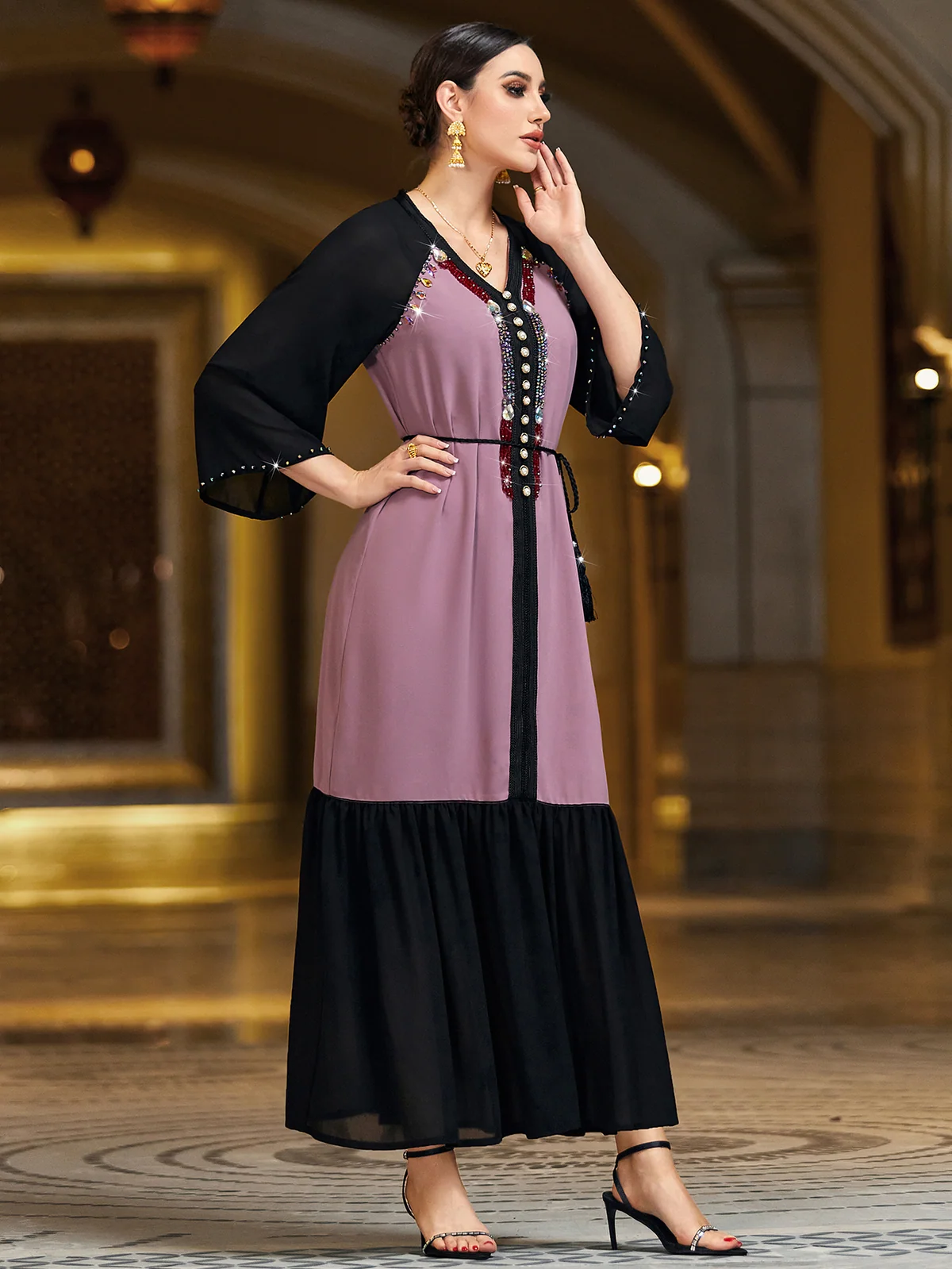 Purple and Black Color-Block Maxi Dress