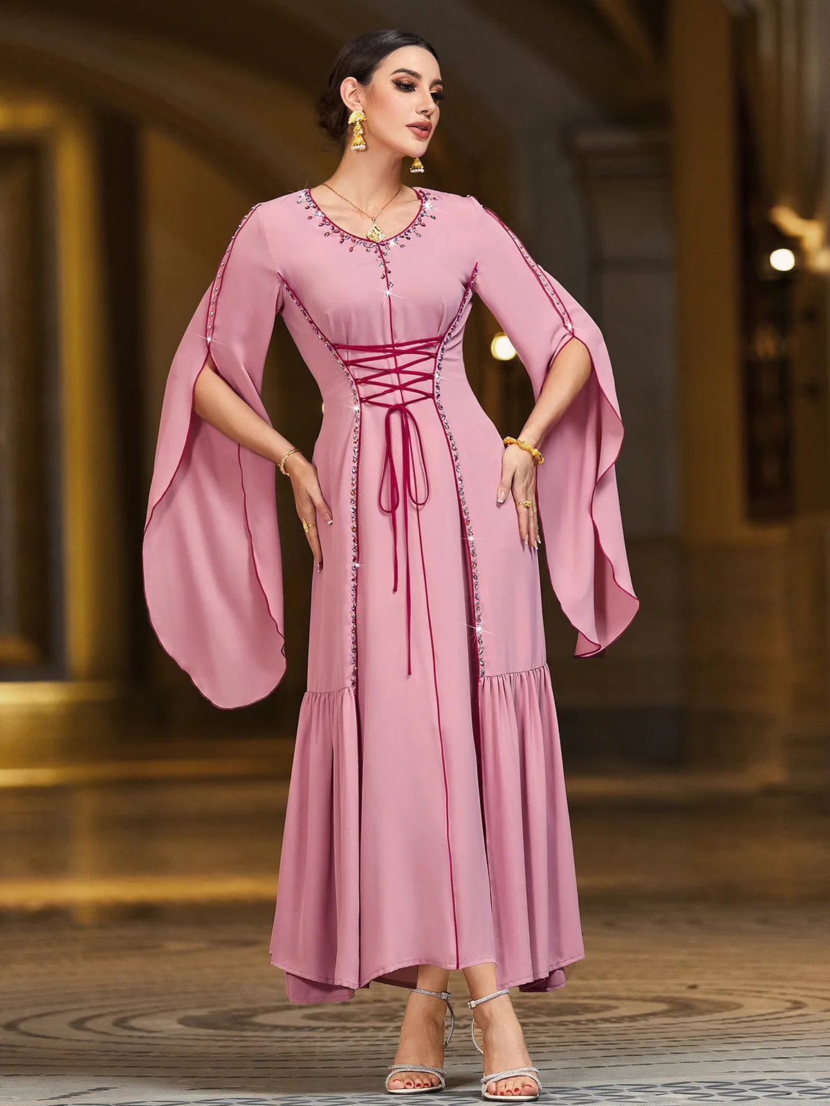 Lace-Up Split-Sleeve Maxi Dress