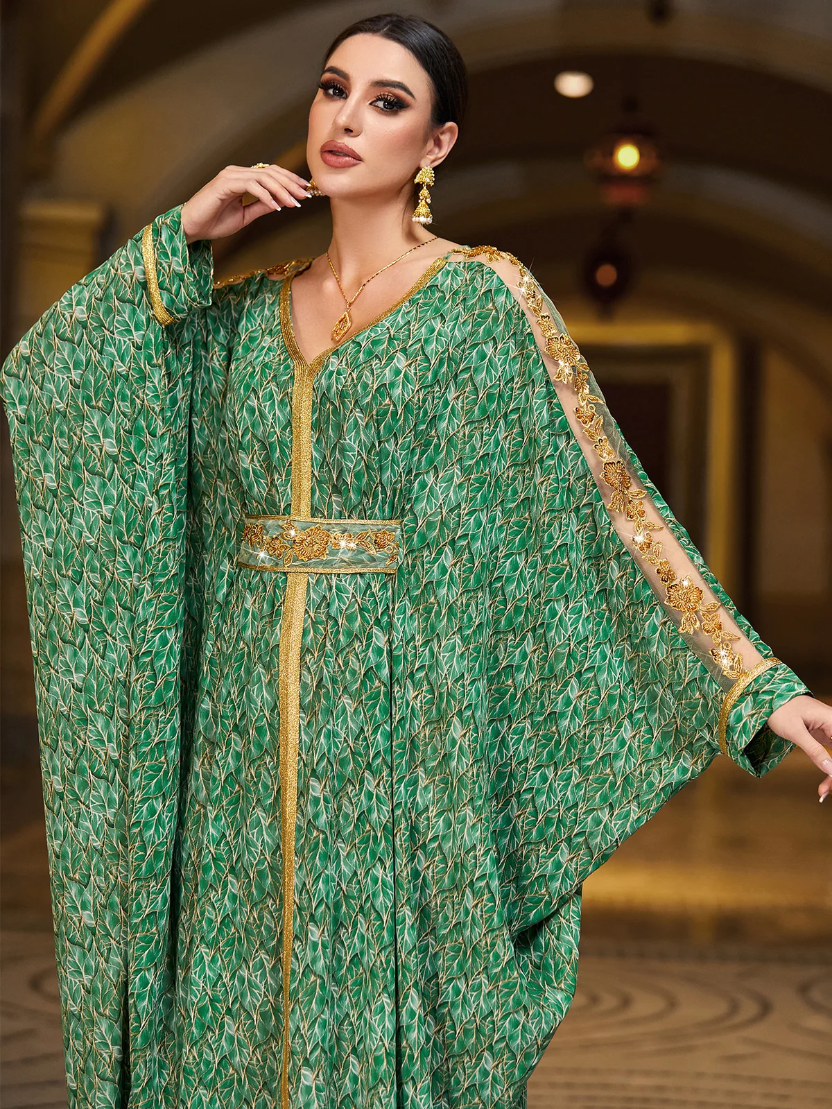 Green Printed Belted Kaftan