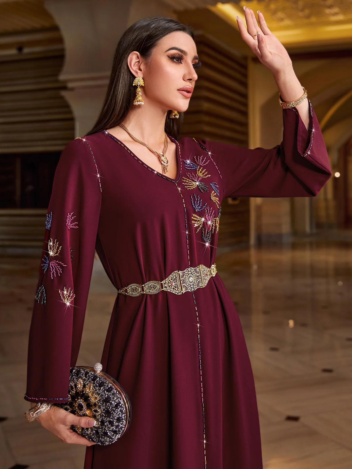 Dark Red Embroidered-Sleeve Maxi Dress