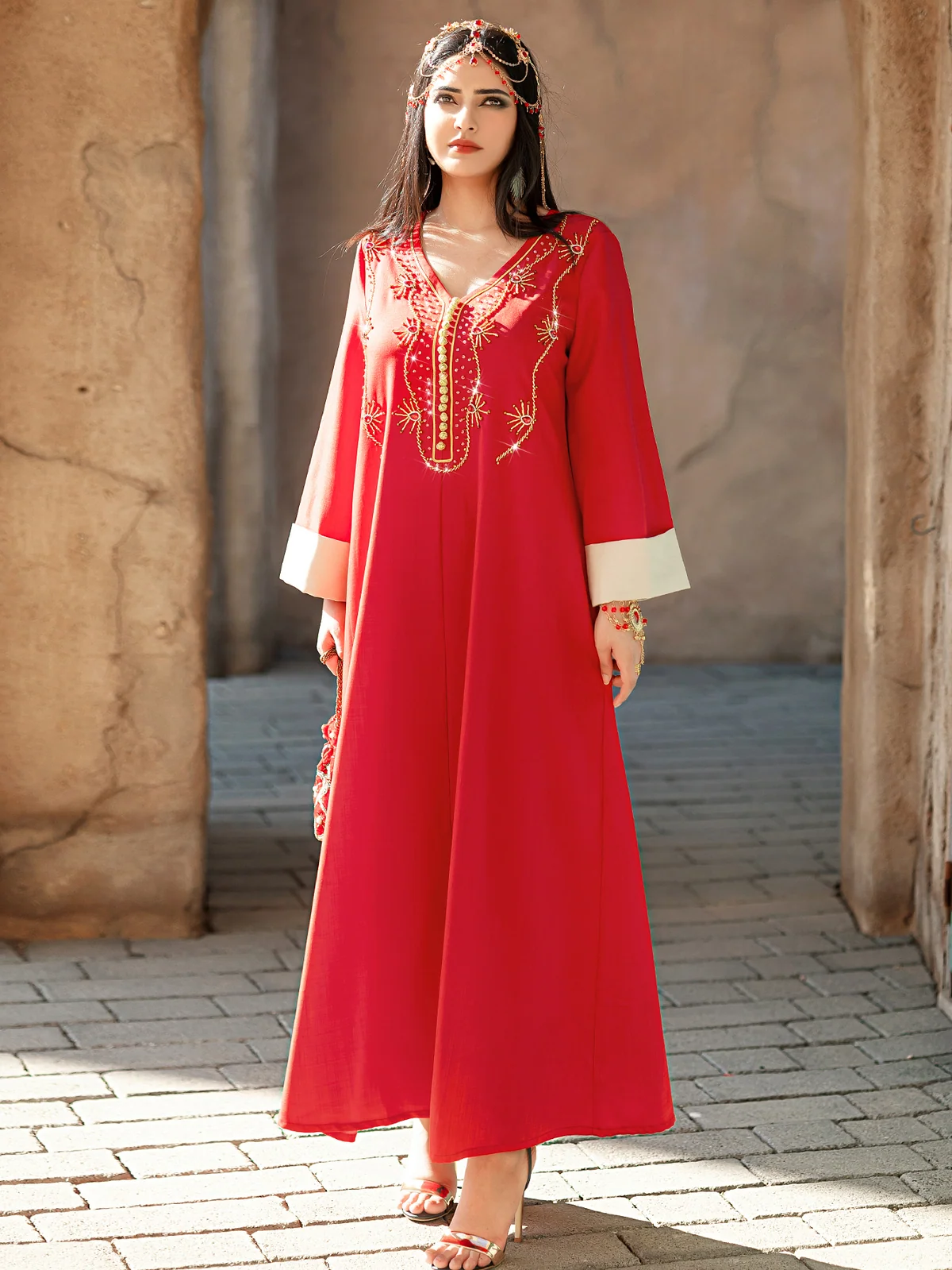 Red Gold-Embroidered V-Neck Dress